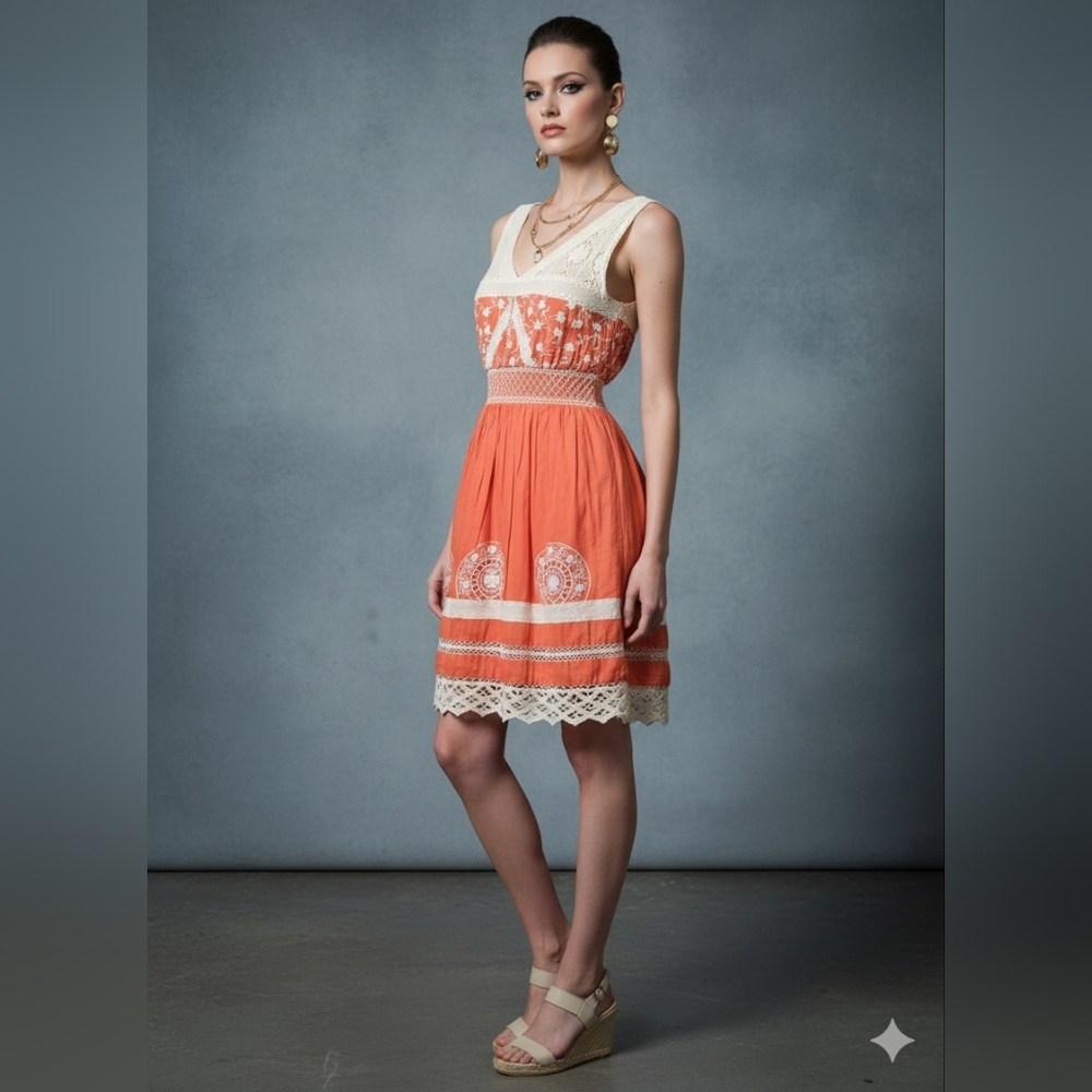 Moulinette Soeurs Orange and Cream Midi Dress